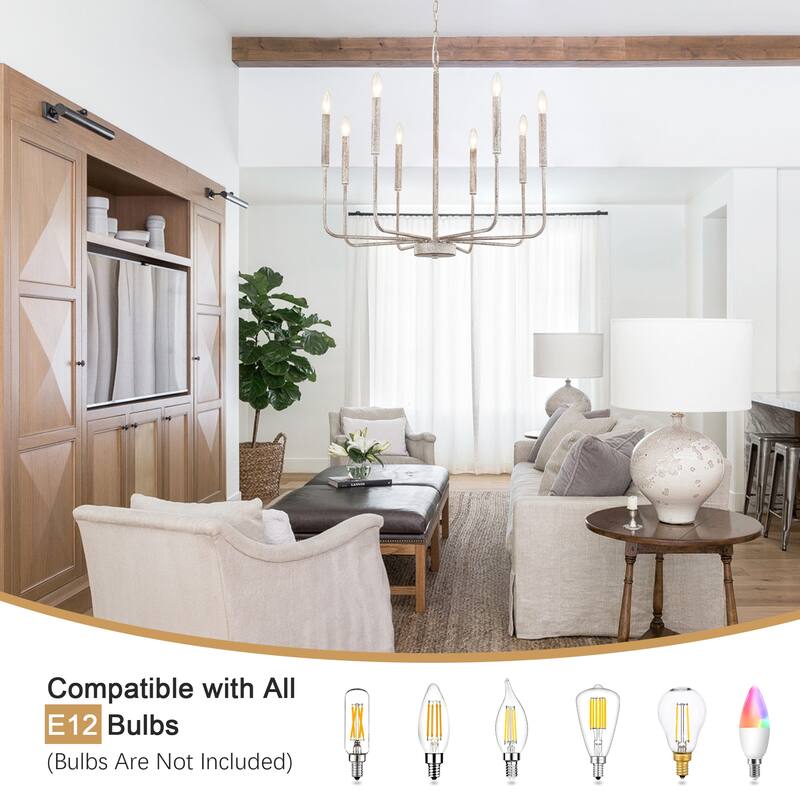 8-Light Modern Farmhouse Candle Chandelier for Kitchen Island Living Dining Room Bedroom