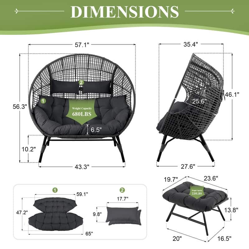 FINCATI Double Egg Chair with 2 Ottomans & Rain Cover, 680-lb Capacity