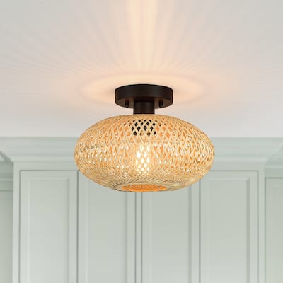 1-Light Bohemian Bamboo Semi-Flush Mount Ceiling Light - D11"x H8" - 11 in. W