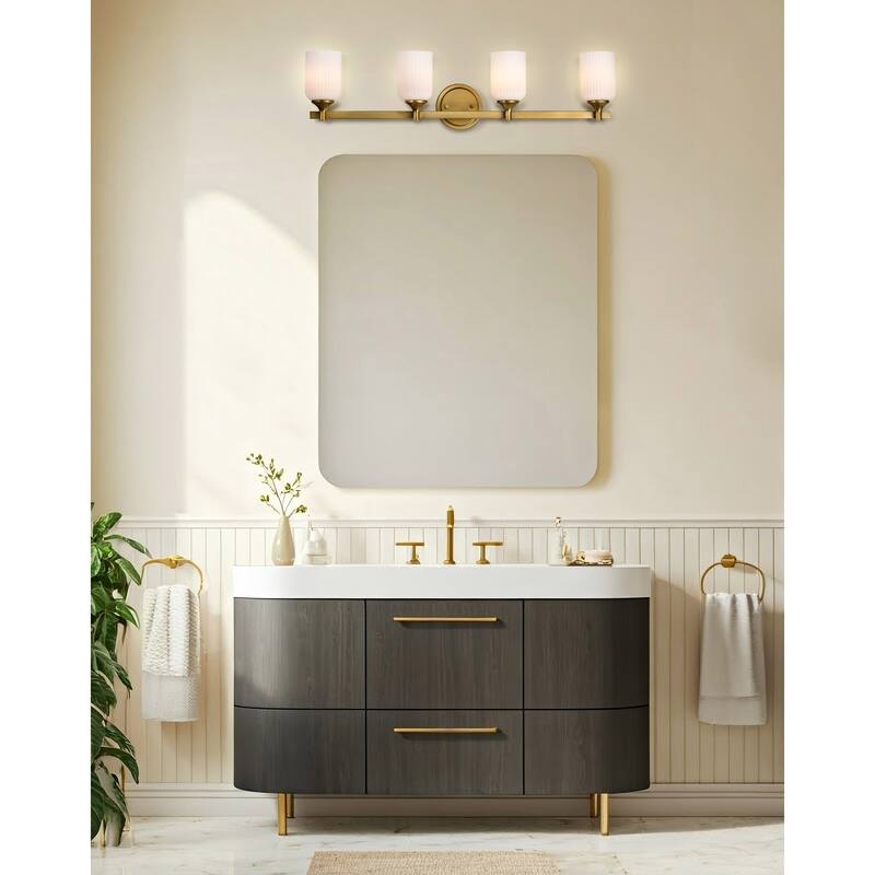 Solara 4 Light Vanity Natural Brass Finish Frosted Ribbed Glass - Natural Brass