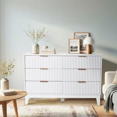 EROMMY Fluted 6-Drawer Dresser – Mid Century Modern Wide Chest with Metal Handles for Bedroom & Living Room