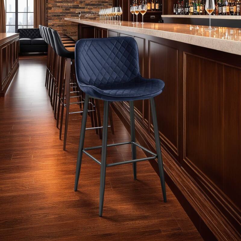 Aniya Bar Stool Chair Set of 2, Black Metal Legs, Dark Blue Velvet