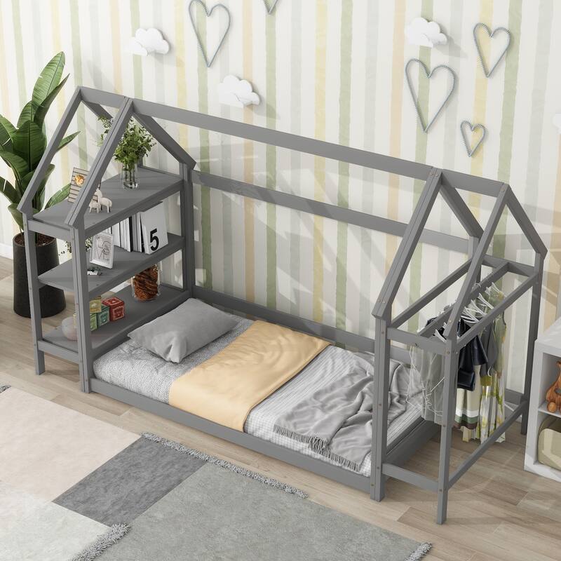 Wood House Bed With Storage Shelf And Hanger