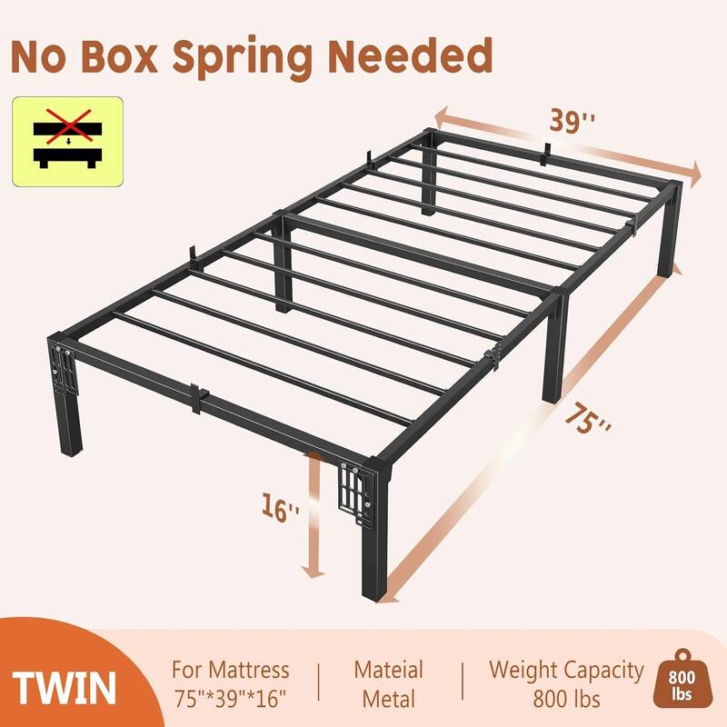16 Inch Metal Platform Bed Frame Easy Assembly Bed Base for Bedroom and Home Use