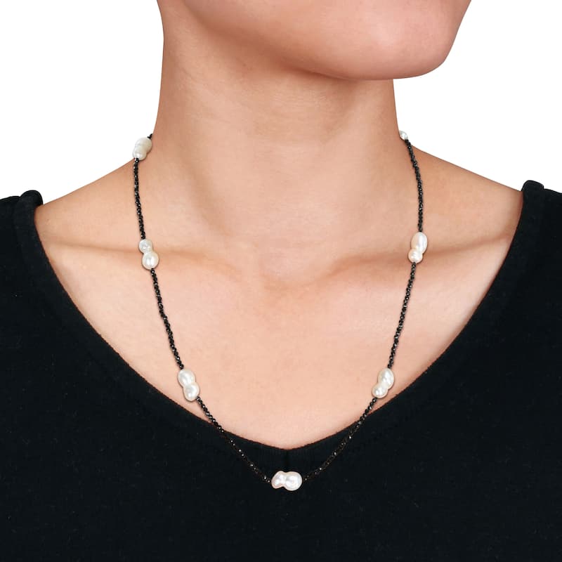 Miadora 12-14mm Cultured Freshwater Pearl Black Spinel Station Necklace Sterling Silver - 20 in