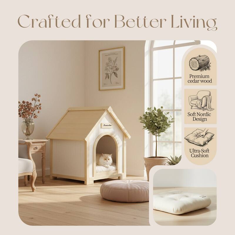 Modern Indoor Wooden Dog House with EVA Cushion, Solid Cedar Pet House for Small Dogs & Cats