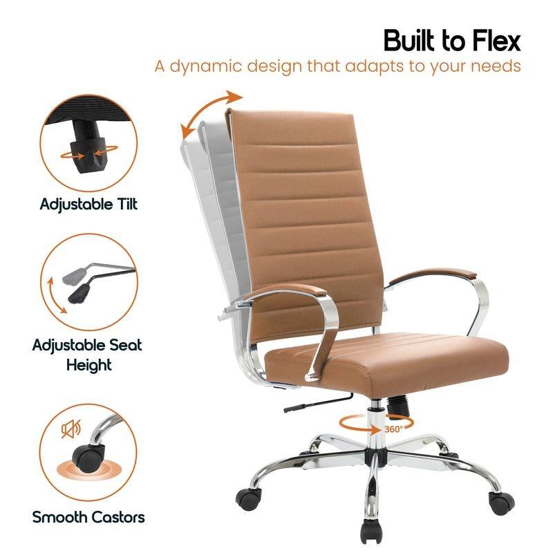 Benmar High-Back Leather Office Desk Chair in Stainless Steel Frame Adjustable Height Tilt Lock 360 Swivel Ergonomic Chair