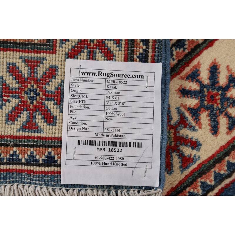Blue Geometric Kazak Accent Rug Handmade Wool Carpet - 2'0" x 3'1"