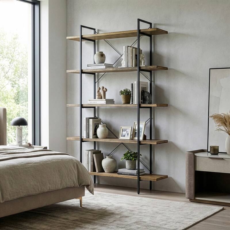 Amrit 84.5" Wood Shelf Metal Frame Etagere Five-shelf Bookcase