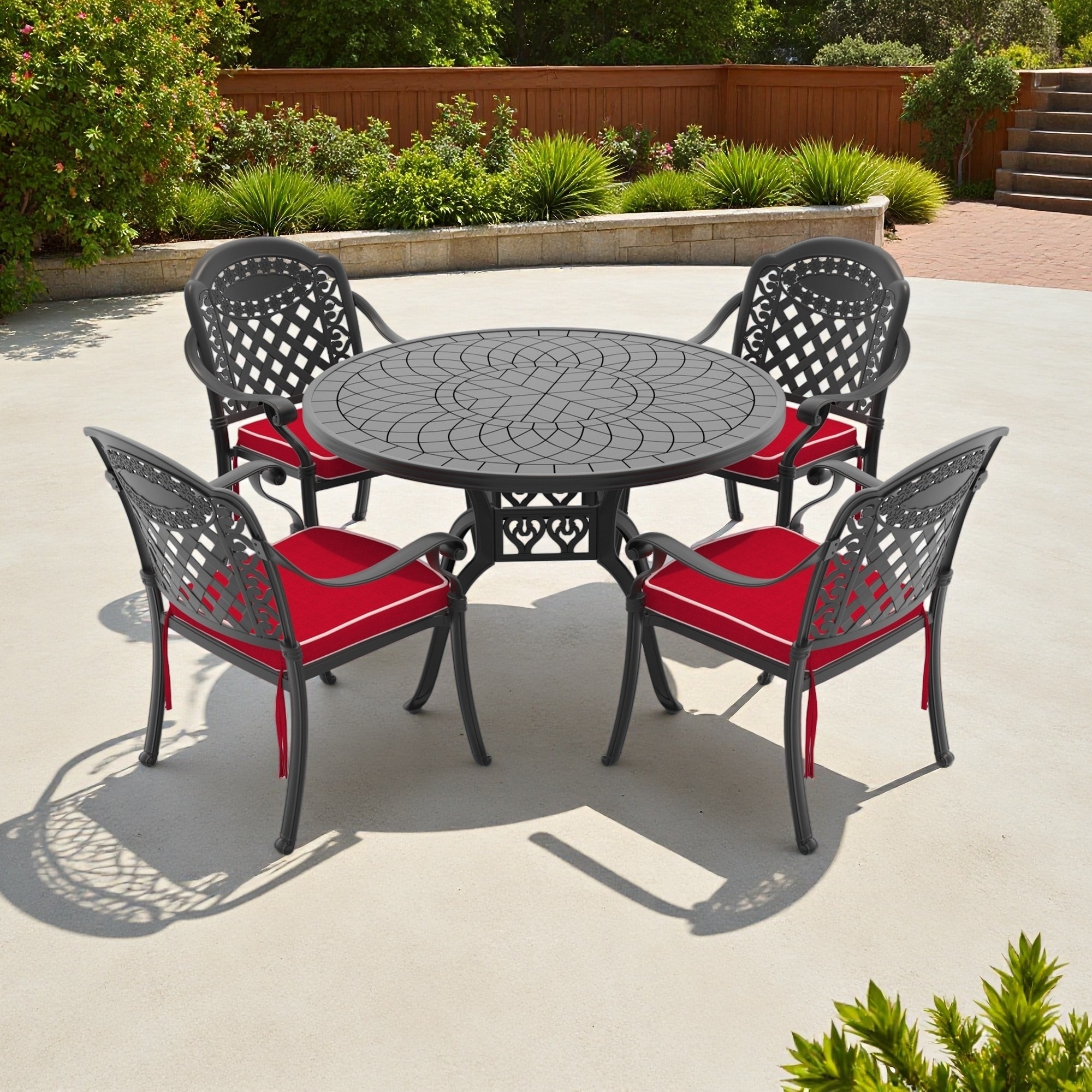 5-Piece Outdoor Patio Aluminum Dining Set with Round Table, Umbrella Hole and 4 Stacking Chairs with Cushions