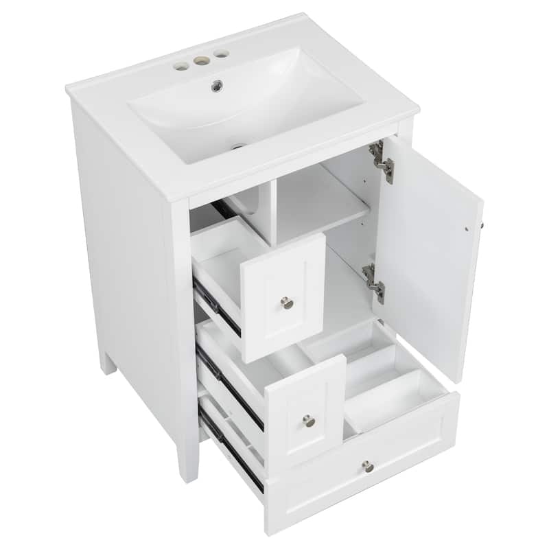24-Inch Bathroom Vanity with Storage, Adjustable Shelf, MDF & Rubberwood, Removable Dividers