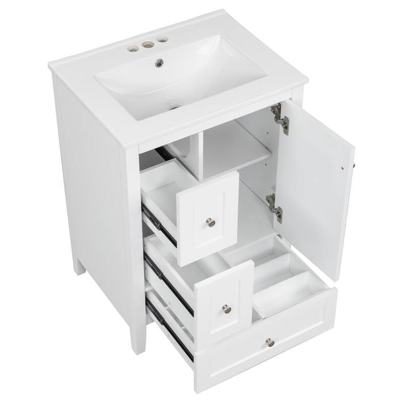 Roomfitters 24" Bathroom Vanity with Sink, Solid Wood Legs, 3 Drawers with Removable Dividers & Adjustable Shelf