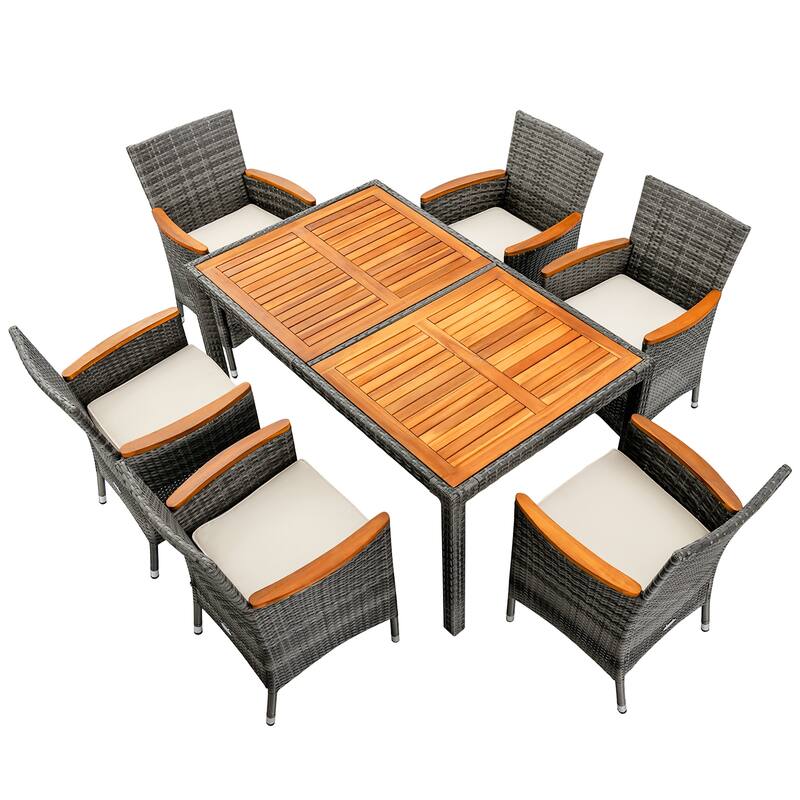 7 PCS Outdoor Dining Furniture Set Patio Rattan Conversation Set - Grey+Natural