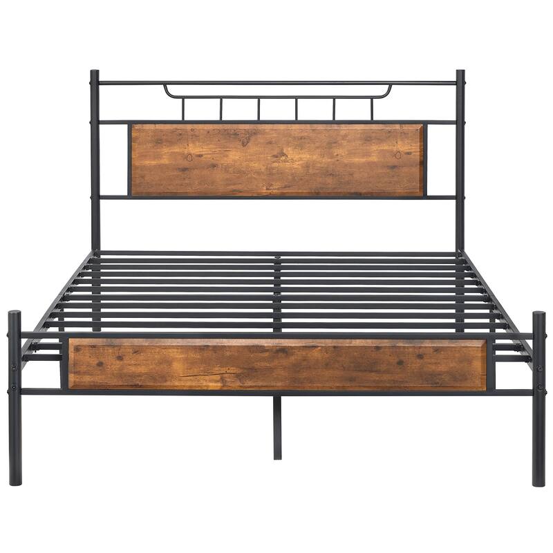 VECELO Industrial Bed Frame with Wood Headboard,Twin/Full/Queen Size Bed, Black/Brown/Slate-3 colors