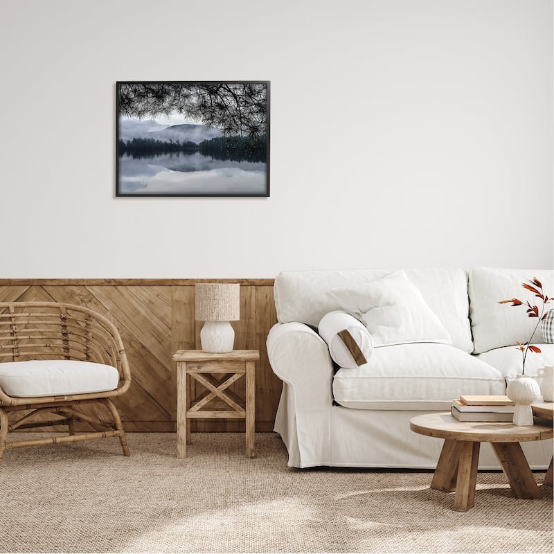 Stupell Trees Surrounding Hazy Mountainous Landscape Lake Framed Wall Art - Blue
