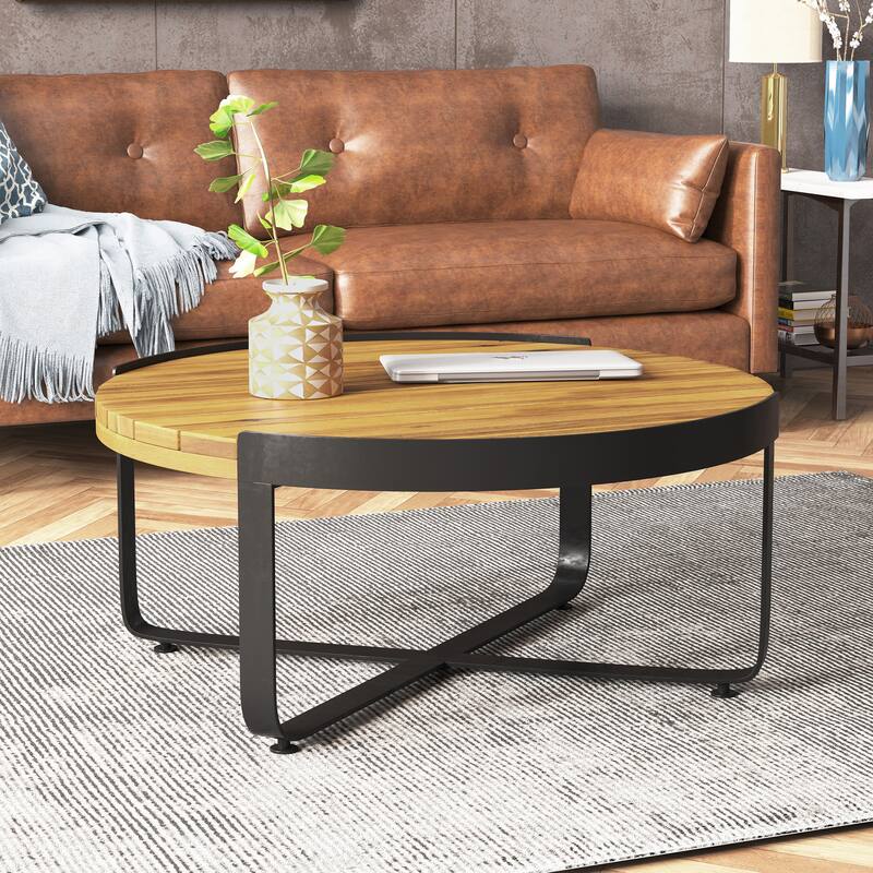 Roomfitters Modern Round Coffee Table with Teak-Style Wood Surface and Sleek Metal Base, Teak