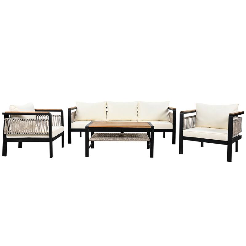 4 Piece Outdoor Woven Rope Furniture Set, Patio Sectional Sofa Set with Removable Waterproof Cushions and Coffee Table