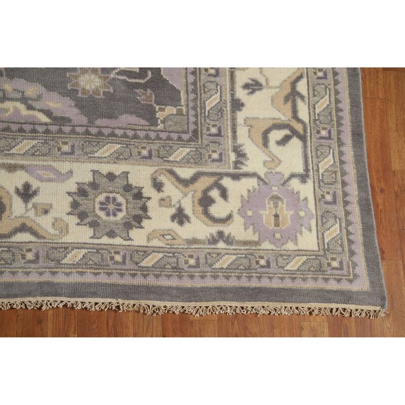 Gray Geometric Oushak Indian Area Rug Hand-Knotted Wool Carpet - 8'8" x 11'10"