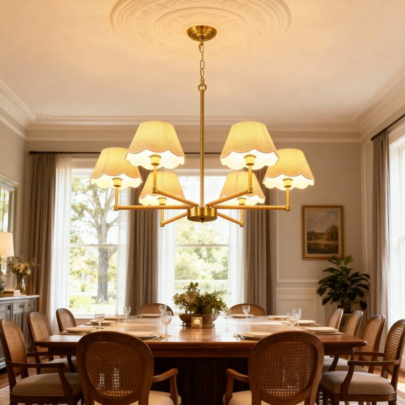 6-Light Rope + Fabric shade Chandelier,Gold Chandelier,Romantic Golden,Adjustable Pendant Lights Project Lighting - Gold