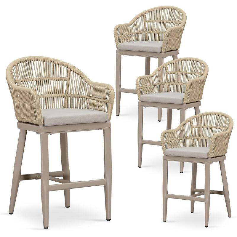 PURPLE LEAF Outdoor Counter Bar Stools Set of 4 Patio Aluminum Barstools with Back and Cushions Metal Modern Wicker Chairs - Cream-Counter Height