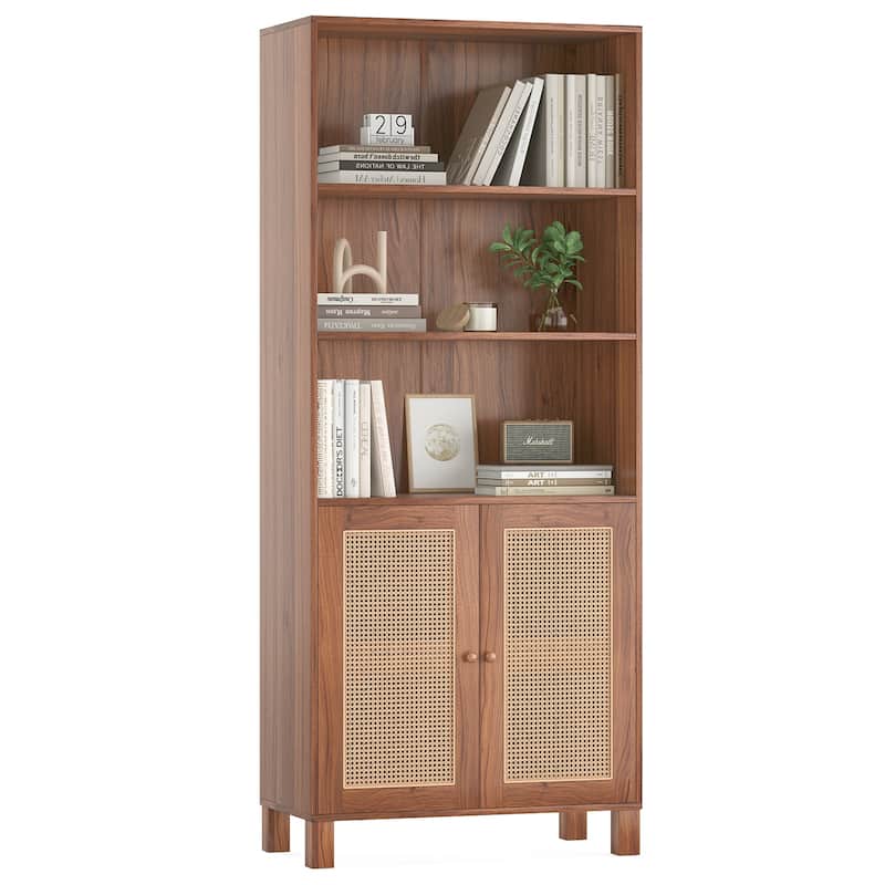 Tall Bookcase with Rattan Doors,5 Tier Storage Wood Shelves Large Bookshelf for Library Living Room Bedroom Home Office - Natural