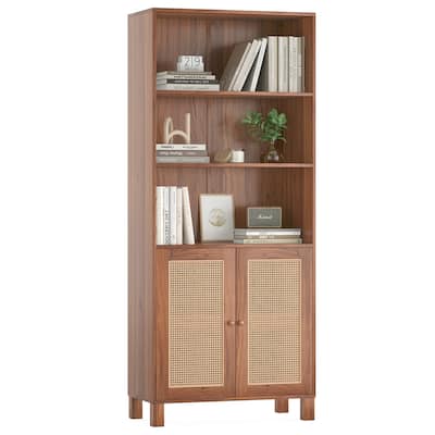 Tall Bookcase with Rattan Doors,5 Tier Storage Wood Shelves Large Bookshelf for Library Living Room Bedroom Home Office