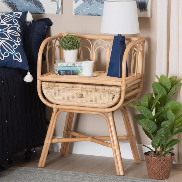 Panchali Modern Bohemian Natural Brown Rattan Nightstand, 1-Drawer - On ...