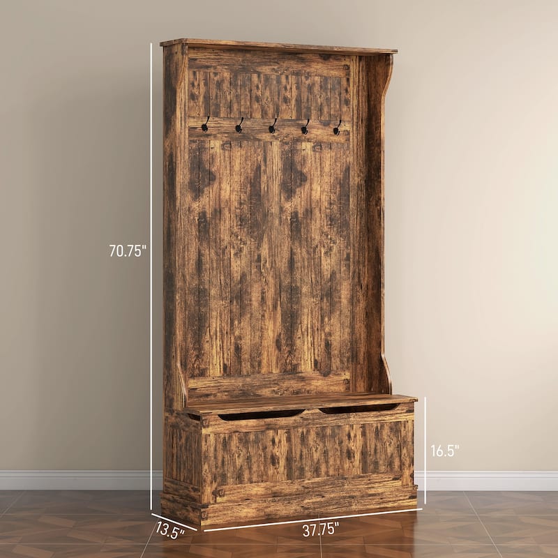 3-in-1 Hall Tree with Storage Bench, Coat Hooks & Shoe Storage - 37.75" W x 13.5" D x 70.75" H