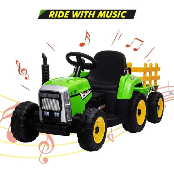 dimension image slide 0 of 3, 12V Kids Ride on Tractor，Battery Powered Electric Tractor with Trailer