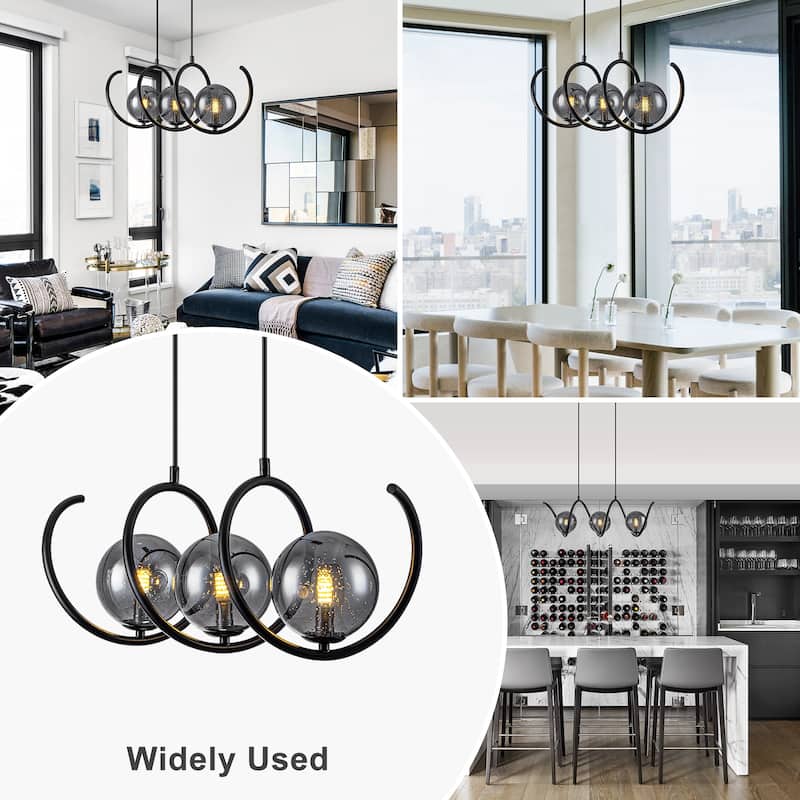 Modern 3-Light Black Spiral Pendant Light with Smoky Gray Glass Shades - Dia.24-in
