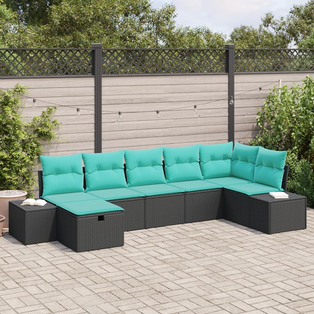 vidaXL 7/8 Piece Garden Sofa Set with Cushions Black Poly Rattan - 125.6×60.6×27.2