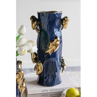 8x8x15.5" Blue Ceramic Tree Branch Vase with Gold Bird Accents