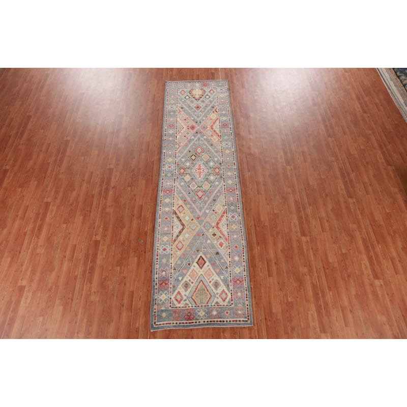 Hand Knotted Oriental 100% Wool Carpet Transitional Geometric Navy Blue & Blues Oushak Runner Rug - 12' 0'' X 3' 2''