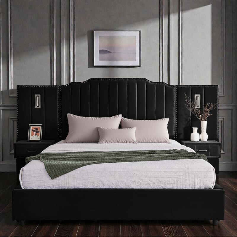 Modern Upholstered Bed Frame with Velvet Headboard, Vertical Channel Button Design, Integrated Nightstand, Platform Support