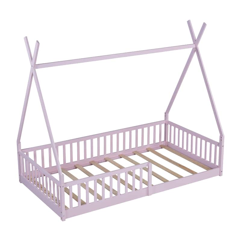 Twin Size Wood House Bed with Fence Floor Bed, Pink