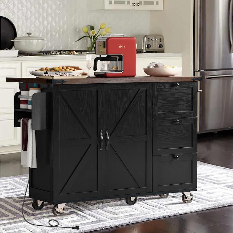 54.5-inch Farmhouse Kitchen Island with Rolling Kitchen Cart on Wheels, Folding Breakfast Bar with Electrical Outle-White/Black