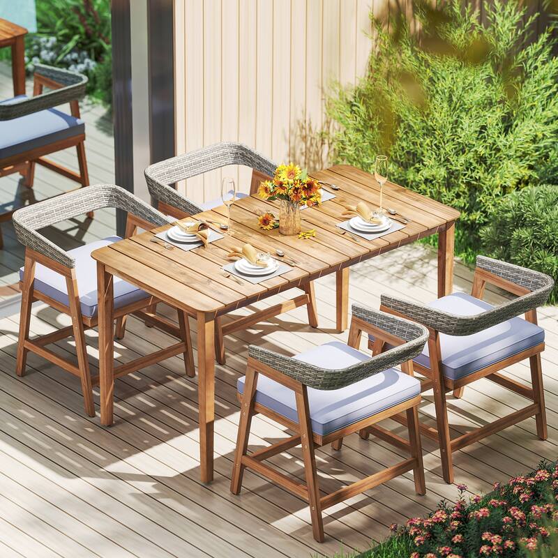Outdoor Acacia Wood Patio Wicker Dining Chairs Set of 4 with Seat Cushion-Gray - Multi