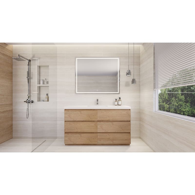 60" Freestanding Bathroom Vanity with Single Sink, Fully Assembled, Natural Oak Finish, Soft-Close Drawers (Angeles Series)