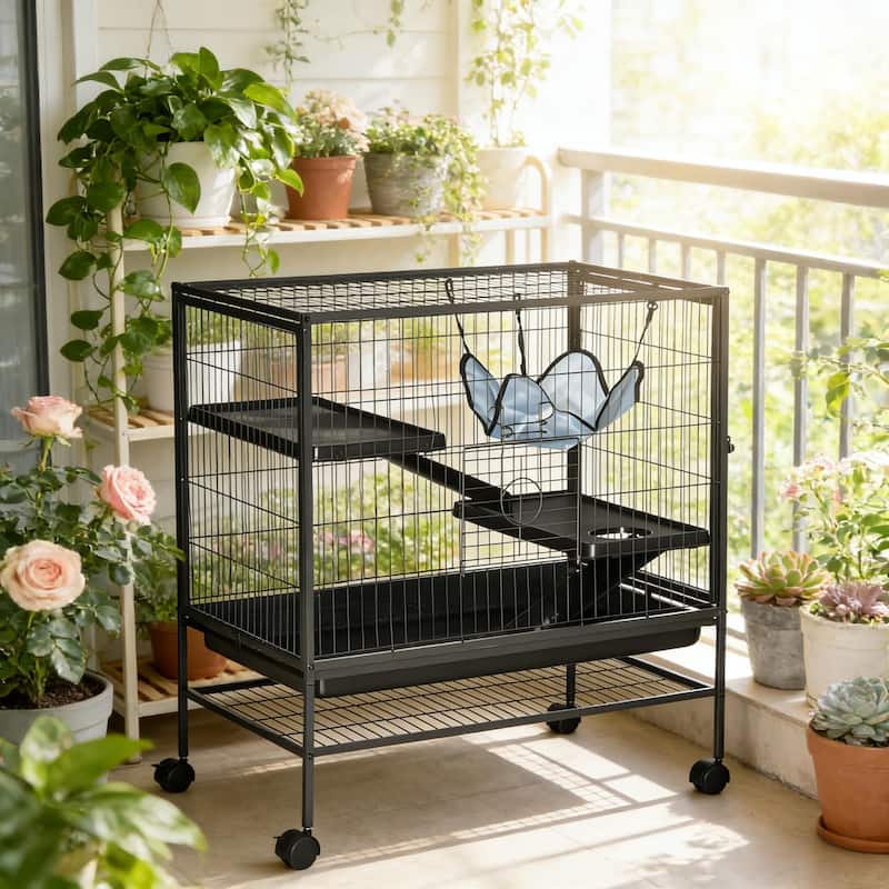 Pet House,Small Animal Hutch Cage,Small Pet Hutch with Wheels is designed for convenient cleaning - Black,Silver - Black,Silver