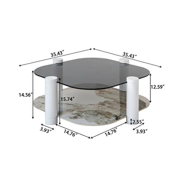 35 in Modern Coffee Table Stone and Tempered Glass Tabletop with Steel Legs