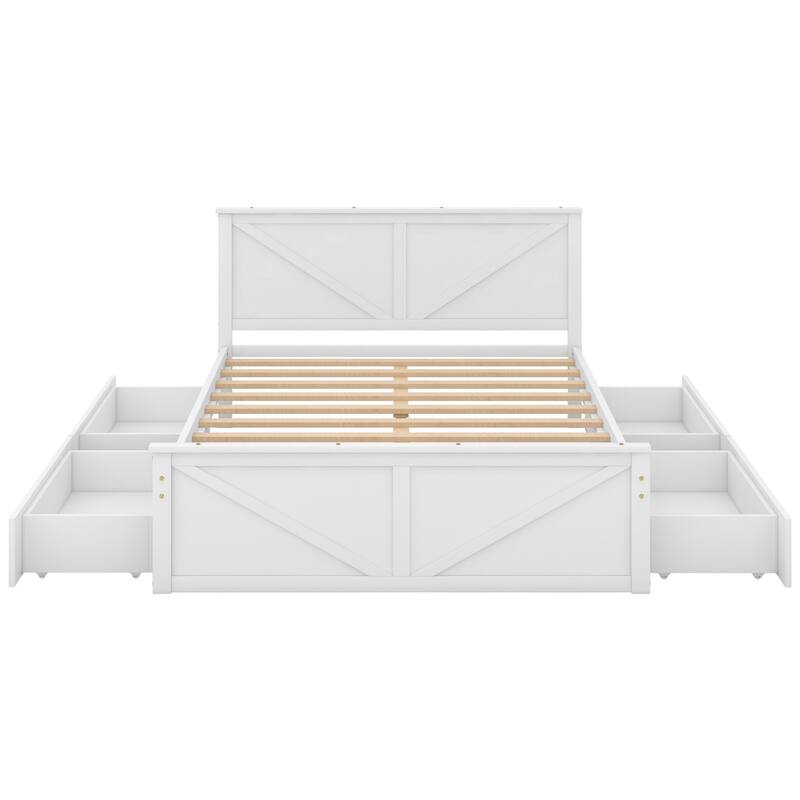 Wooden platform bed with four storage drawers