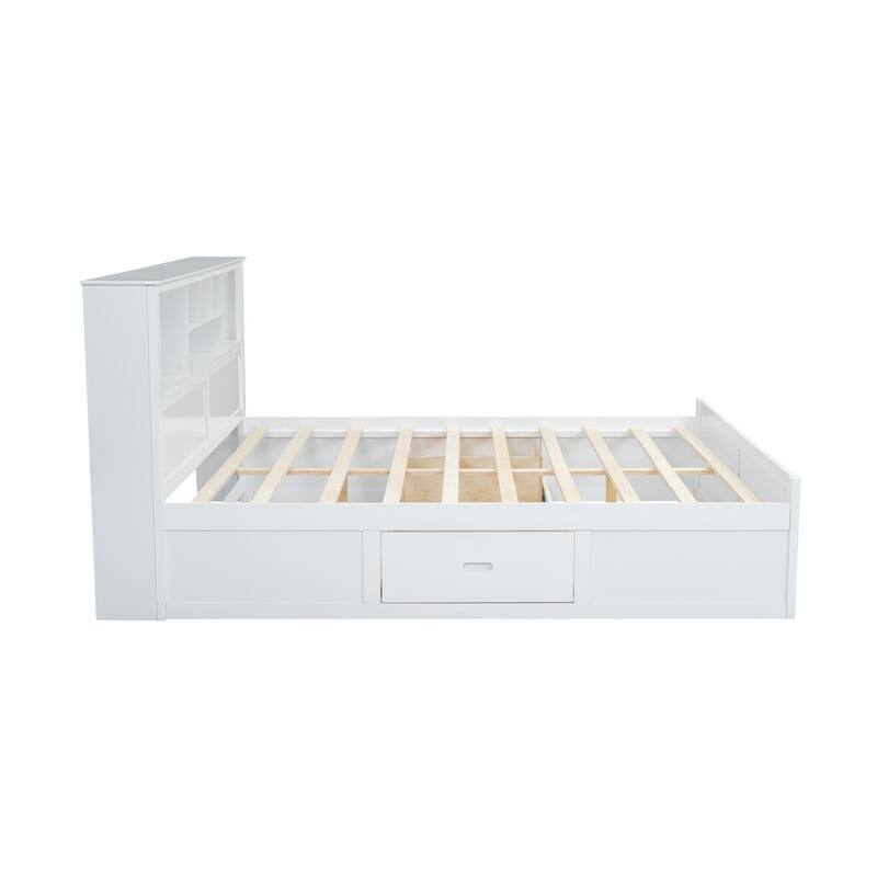 King Size Solid Wood Platform Bed Frame with Storage Headboard, Drawer