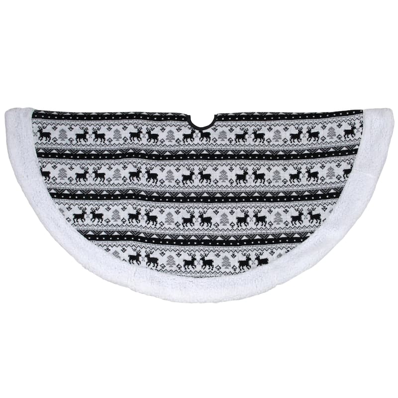 Nordic Reindeer Christmas Tree Skirt with Fleece Border - Black and White - 48"