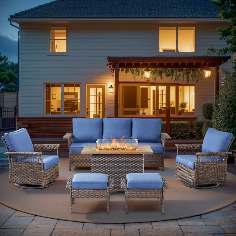 Pocassy 41 in Fire Pit Table with Patio Sofa Chair Funiture - Brown Wicker Blue Cushion - 6-Piece Sofa Swivel Chair Ottoman with Fire Table