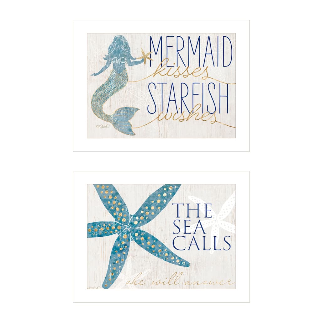 2-Piece Framed Wall Art Set - Mermaid Kisses Starfish Wishes, White Frame