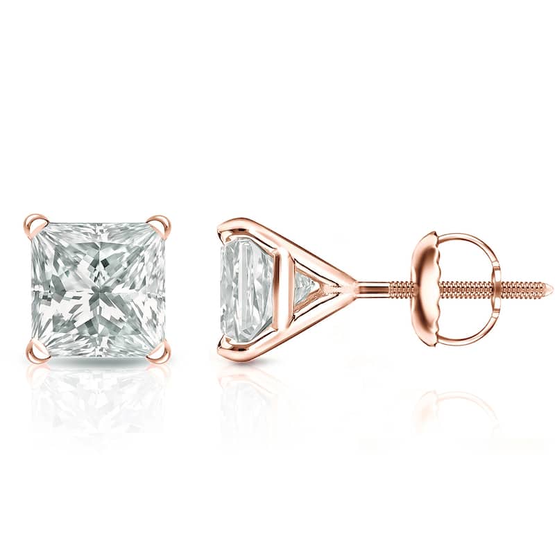 Auriya 14-karat Gold Lab Grown 2.00 carat TDW Princess Diamond Stud Earrings 4-Prong Martini Screw-back - Rose