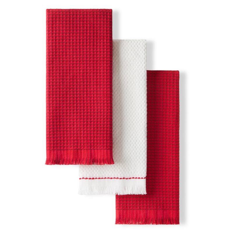 KITCHENAID Gourmet Series Gridlines Kitchen Towels 3-Pack Set, 100% Cotton Absorbent - 18"x28" - Passion Red