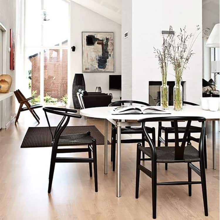 Farmhouse Dining Chairs Organic Round Arms Y-back Wood with Woven Black Seats For Kitchen Hotel Restaurants (Set of 2)