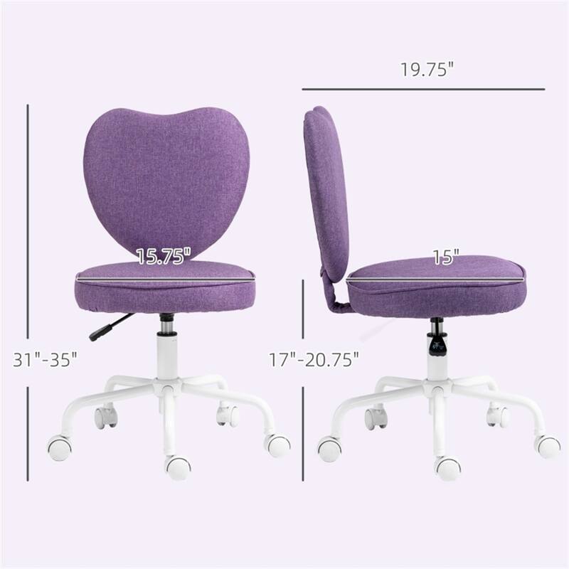 Purple Heart-Shaped Office Chair Linen Fabric Swivel Adjustable Seat Height for Home or Dorms - 15.75" W x 19.75" D x 31"-35" H
