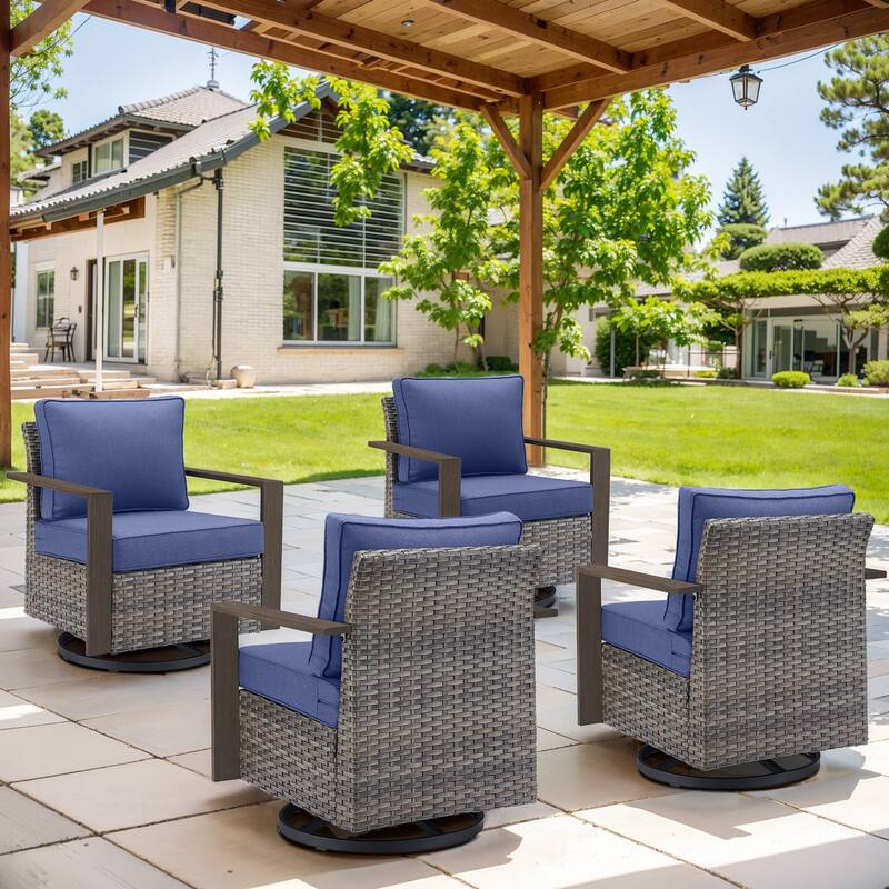 Gymojoy Outdoor Wicker Patio Furniture Chair Set - 4-Piece - Swivel Chairs - Grey Wicker / Blue Cusion
